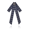 Broche nœud en tweed bleu marine avec fleur en strass et longs rubans à glands - Noir