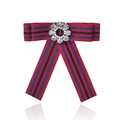 Elegant pre-tied bow brooch with red and blue stripes and a sparkling crystal center - Red and Blue Striped Style (Style 2)