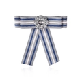Detailed view of striped bow brooch featuring a sparkling crystal center and fabric texture - Gray and Blue Striped Style (Style 3)