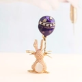 Pink frosted rabbit brooch holding purple balloon with rhinestones and opal tail - Dark Violet
