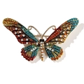 Colorful butterfly brooch pin with multi-color rhinestones and enamel on gold base - Azure and Orange Red