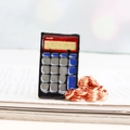 Calculator and coins enamel brooch with gold accents on an open book background - Black