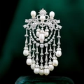 Luxurious silver brooch with clear zircons, white pearls, and elegant drop tassel pendants - Silver Style / White