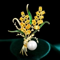 Elegante broche de trigo dorado con cristales amarillos, esmalte verde y gran perla - Estilo de Perla Espiga de Trigo con Esmalte Verde y Circonia Amarilla (B493)