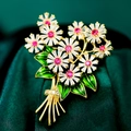 Elegant gold bouquet brooch with zircon flowers and green enamel leaves on silk background - Flower Bouquet Style (TB076)