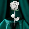 Elegant silver rose brooch with sparkling zircons, green details, and a large white pearl - Silver Rose Style (TB094)