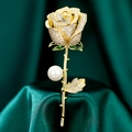 Elegant rose brooch with white crystals and pearl on green silk background - Gold Rose Style (TB045)
