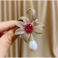 Vintage gold flower brooch with pink crystals, red gemstone, and drop pearl pendant - Ruby Red Flower Style (TB615)