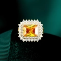 Macro shot of rectangular yellow gemstone ring with zircon double halo and gold band - Rectangle Yellow Main Stone (TD028) / Yellow