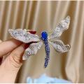 Elegant gold-tone dragonfly brooch with sparkling blue and white crystals on satin - Blue Dragonfly Style (TB818)