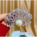 Elegant fan-shaped silver brooch with white zircons, large pearl and water-drop pendants - Silver Style (TB336)