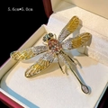 Detailed 5.6cm*5.0cm dragonfly brooch with champagne gem and enamel wings in gift box - Yellow