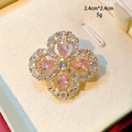 Broche trèfle à quatre feuilles dorée avec pierres roses en poire et cristaux fins - Style Trèfle Rose (B885)