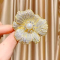 Exquisite flower brooch with pavé zircon petals and a large natural freshwater pearl center - Camellia Style (B1739)
