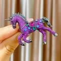 Elegant unicorn brooch with pink rhinestones and colorful gemstones on black metal base - Running Unicorn Style (B1776) / Antique Silver Multicolor