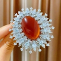 Vintage royal style oval red agate brooch with sparkling zircon sunflower petals - Vintage Oval Red Agate Sunburst Style (B1859)