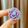 Luxury silver flower ring with ruby and diamond clusters in a refined floral design - Red Zircon Rose Design (C350)
