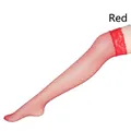 Medias de rejilla hasta el muslo en rojo vibrante con encaje floral para mujer - Rojo
