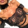Haut court sexy en dentelle noire à fleurs avec bordure de cils et ras-du-cou assorti - Noir