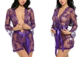 Ensemble peignoir en dentelle violette transparente avec motifs floraux et ceinture - S / Violet
