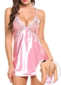 Detailed view of pink satin nightdress with floral lace trim and open back design - Pink