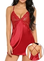 Detail of red satin nightdress with delicate lace trim and criss-cross back straps - S / Red