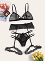 Sexy schwarzes Dessous-Set aus Punkt-Mesh mit Strapsgürtel und Rüschendetails - S / Schwarz