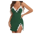 Dark green satin nightdress with deep V-neck, white lace trim and side slit detail - S / Green