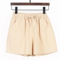Women's loose summer shorts in beige cotton blend with elastic drawstring waist - Khaki