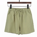 Olive green loose casual shorts with elastic drawstring waist and cotton-linen texture - Olive Green