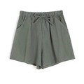 Grey-green loose cotton linen shorts with elastic high waist and drawstring design - Dark Green