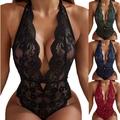Lace teddy bodysuit with deep V-neck and halter neck design in four available colors - S / Dark Blue