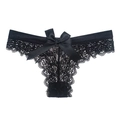 Tanga sexy de encaje negro para mujer con lazo de satén grande y bordes festoneados - S / Negro