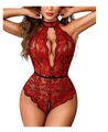 Detailansicht eines roten Spitzen-Bodys mit Blumenstickerei und rückenfreiem Halter-Design - S / Rot