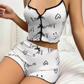 Dames witte geribbelde pyjamaset met hartjes- en letterprints en strikjes - S / Hart Glimlach