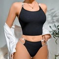 Ensemble de lingerie noire côtelée sexy avec bretelles strass et haut licou - S / Noir