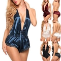 Satijnen bodysuit met kant voor dames, voorzien van een diepe V-hals en halterstijl - S / Marineblauw