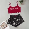 Ensemble pyjama femme caraco bordeaux 'DREAM' et short imprimé céleste deux pièces - S / Rouge