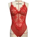 Sexy red lace bodysuit for women featuring deep V-neck and eyelash lace trim details - S / Red