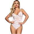 Sexy white lace bodysuit featuring deep V-neckline and transparent floral mesh details - S / White