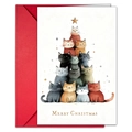 Christmas card set featuring a watercolor cat stack tree with a red envelope - Cat Christmas Tree Style