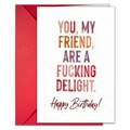 Detail of white birthday card with red envelope featuring bold colorful typography - Humorous Text Style (T020400931)