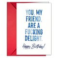 Modern white birthday card with blue text and a vibrant red envelope set - Humorous Text Style (T020400932)