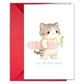 Close-up of Feel Better Soon card featuring a cute watercolor cat and a red envelope - Cat Illustration Style (T020401087)