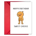 Funny cartoon happy birthday card with red envelope and sweet cheeks text on white base - Funny Orange Cartoon Style (T020401084)