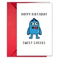 Detail of white Happy Birthday card with blue monster illustration and red envelope - Funny Blue Monster Style (T020401085)