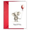Detail of white birthday card with hand-drawn elephant and balloon next to a red envelope - Elephant Illustration Style