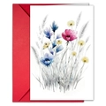 Floral watercolor greeting card with a premium red envelope for anniversary and thanks - Magenta and Blue Floral Style (T020401122)