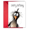 Close-up of watercolor funny bird birthday card with a vibrant red gift envelope - Cute Black Bird (T020400903)