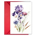 Detailed macro view of watercolor floral greeting card with vibrant red envelope - Iris and Lily of the Valley Style (T020401123)